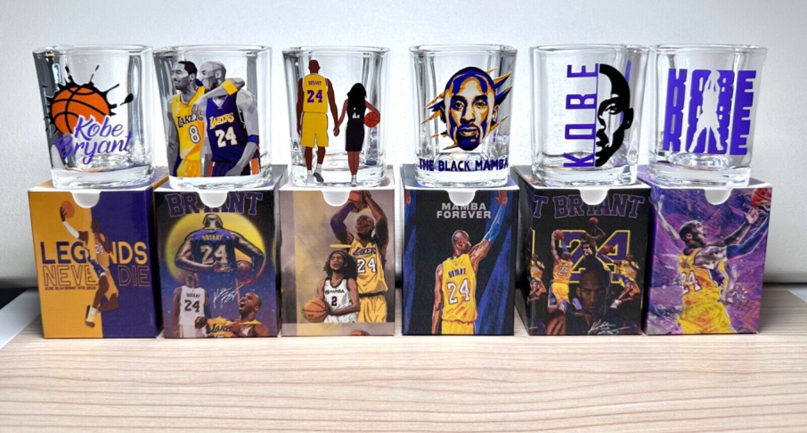 Kobe Bryant Collectible Shot Glasses, set of 6 W/ Matching Gift Boxes