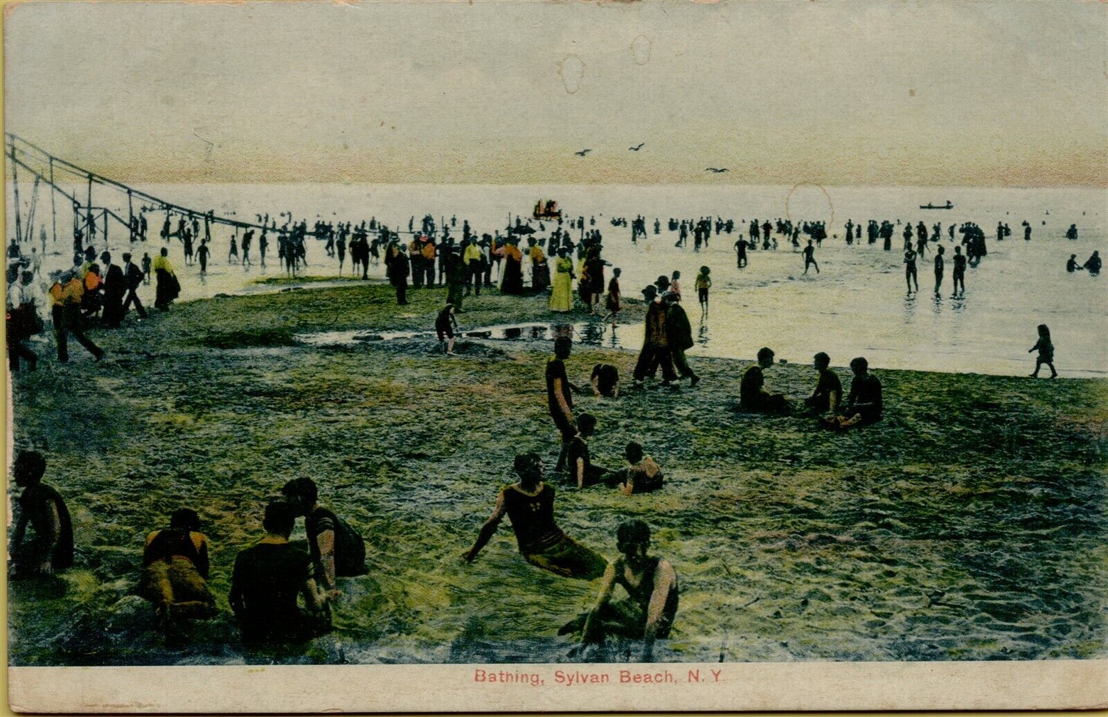 1912 Sunbathers Shoreline View Bathing Sylvan Beach NY Postcard D41
