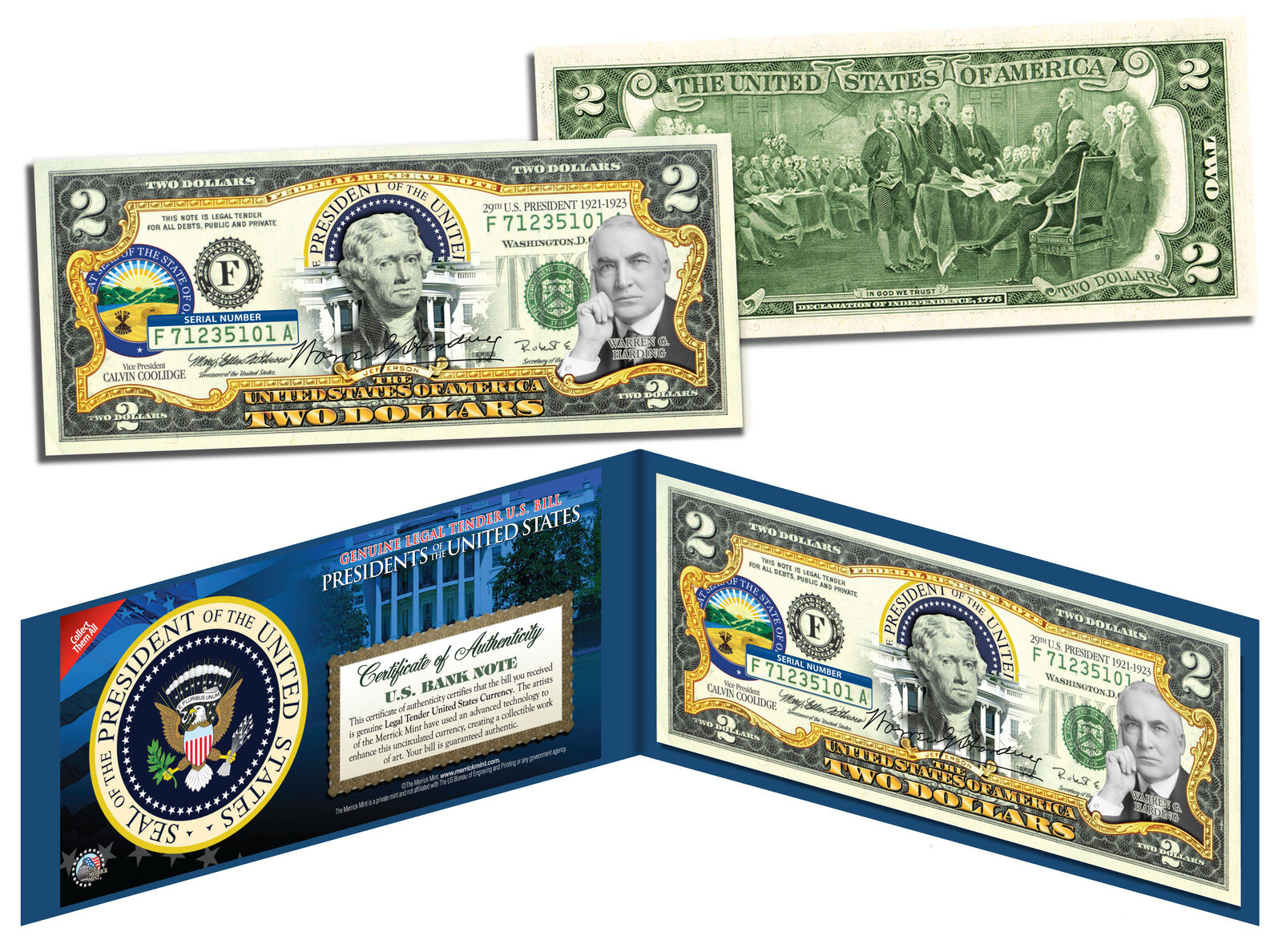 WARREN G HARDING * 29th U.S. President * Colorized $2 Bill Genuine Legal Tender