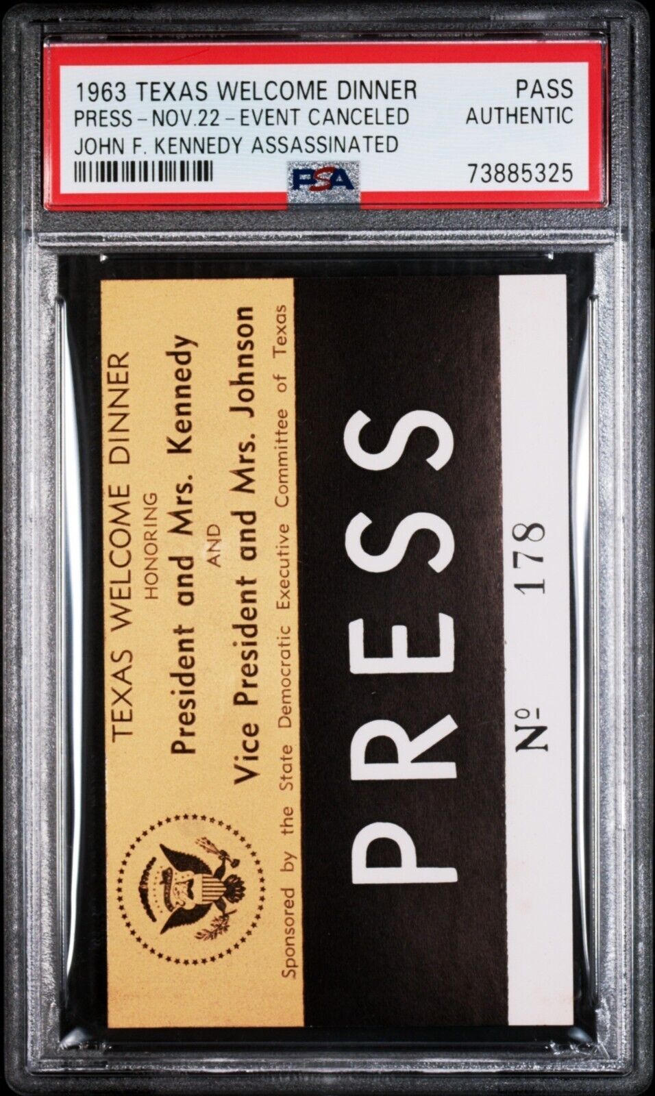 1963 Texas Welcome Dinner Press Ticket John F Kennedy Assassinated PSA Authentic