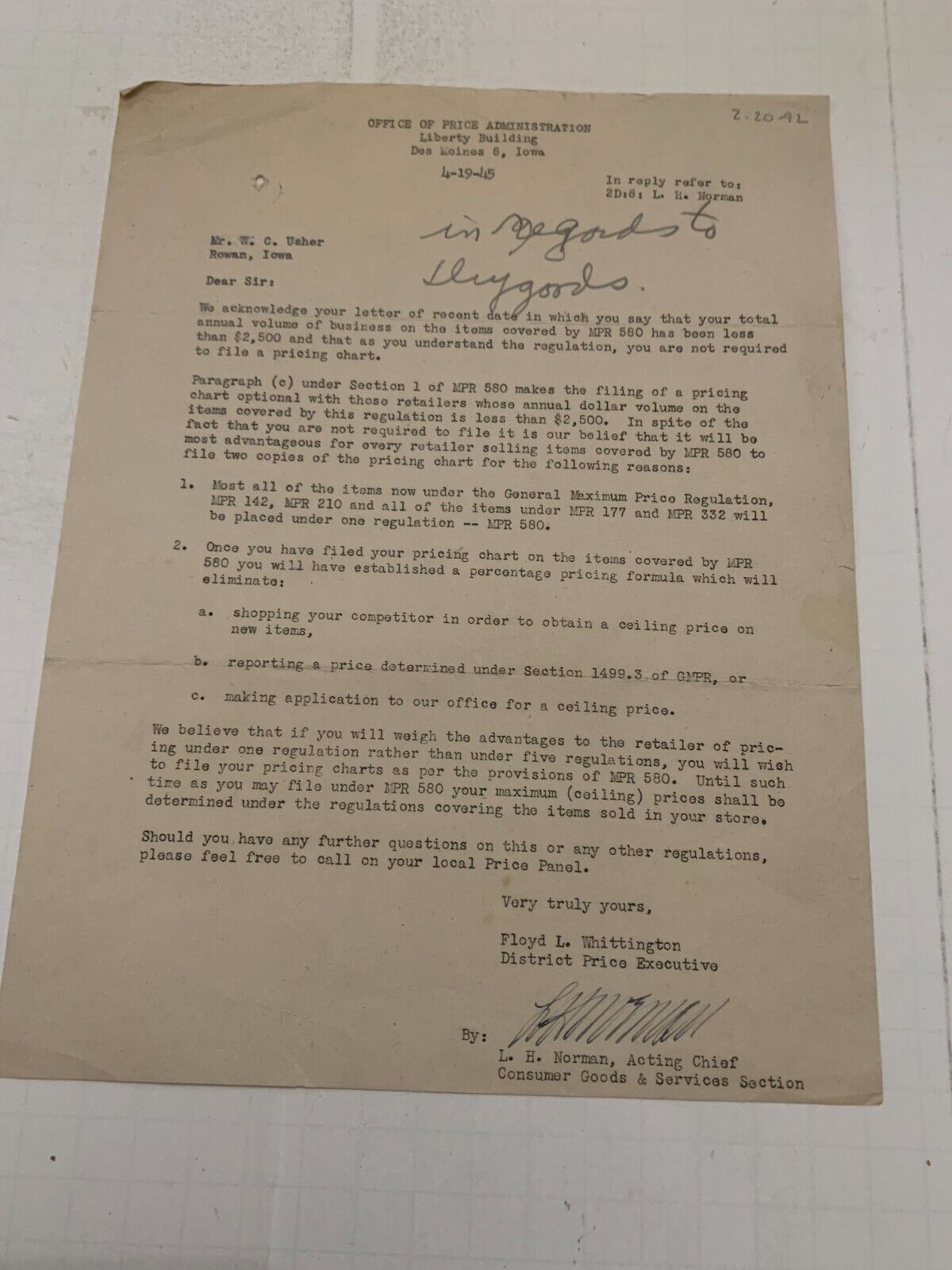 WWII 1945 OPA Usher\'s Store Rowan Iowa In Regards To Dry Goods Retailer Letter