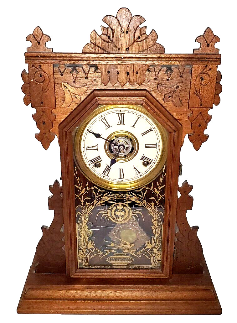 Antique E. Ingraham Gingerbread Mantel Clock Saturn Model Mahogany Victorian