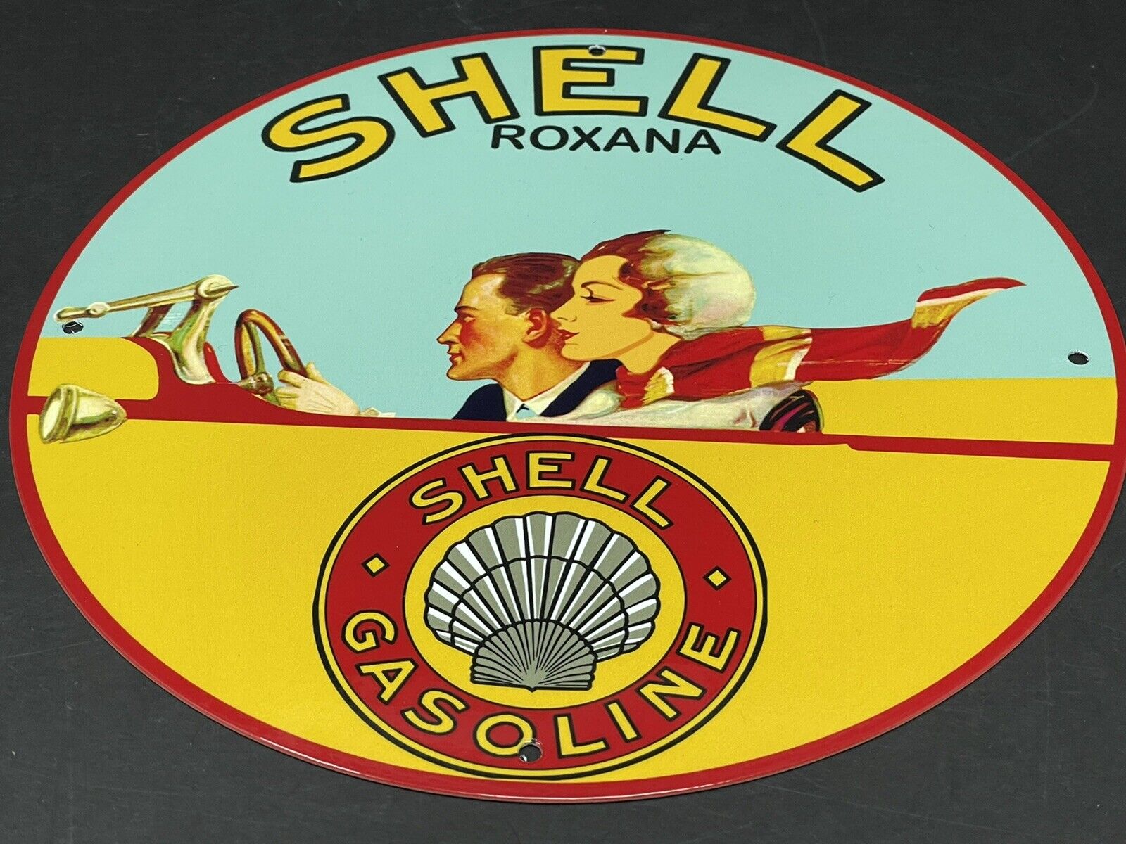 VINTAGE SHELL GASOLINE 12” PORCELAIN METAL CAR MOTOR OIL & GAS ADVERTISING  SIGN