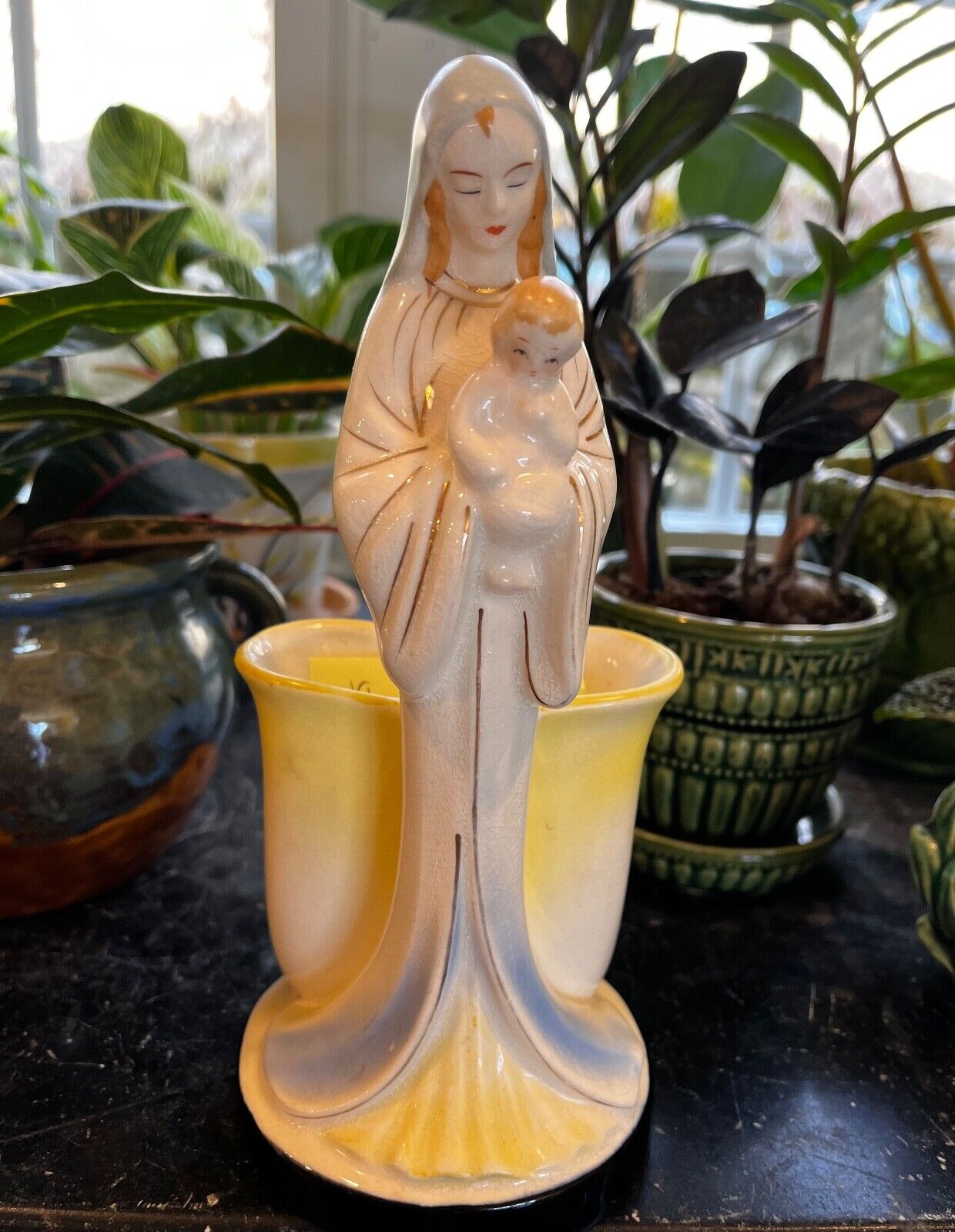 Lovely Madonna and Child Porcelain Planter/Vase. Perfect for Mother\'s Day 8.75”T
