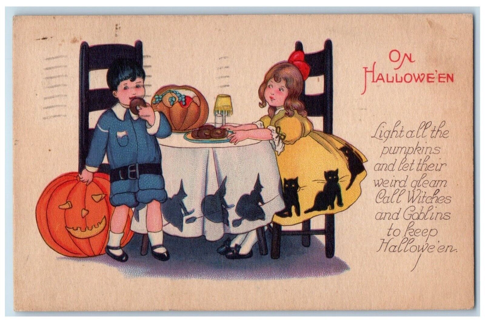 1948 Halloween Children Eating Pumpkin Sherriel New York NY Vintage Postcard
