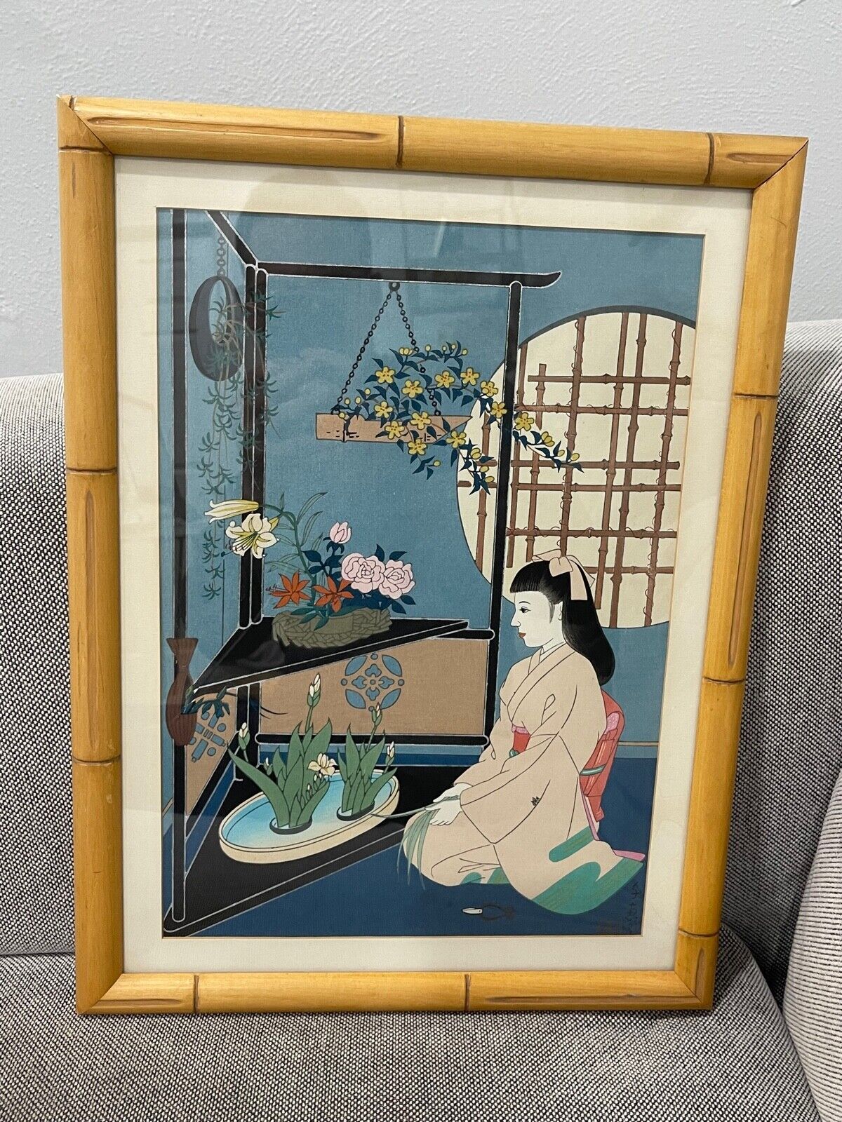 Vintage Japanese Chieko Minagawa Woodblock Print Ikebana Flower Arrangement