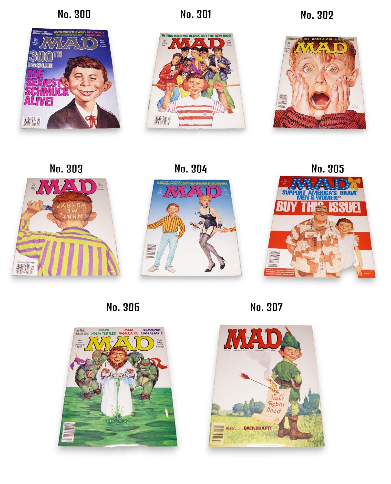 1991-Tom Koch Collectible Mad Magazine Untouched, Superb Condition, No. 300-307