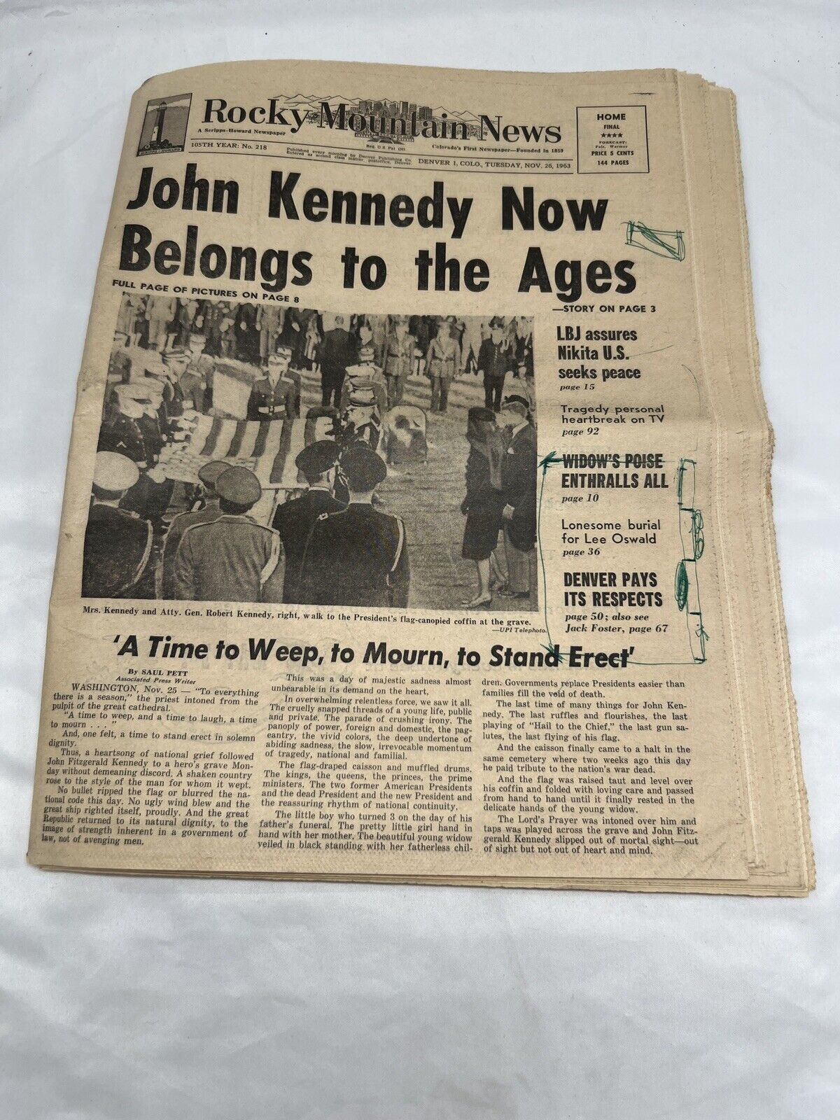 Rocky Mountain News JOHN KENNEDY NOW BELONGS TO THE AGES Nov 26 1963 Orig Comple