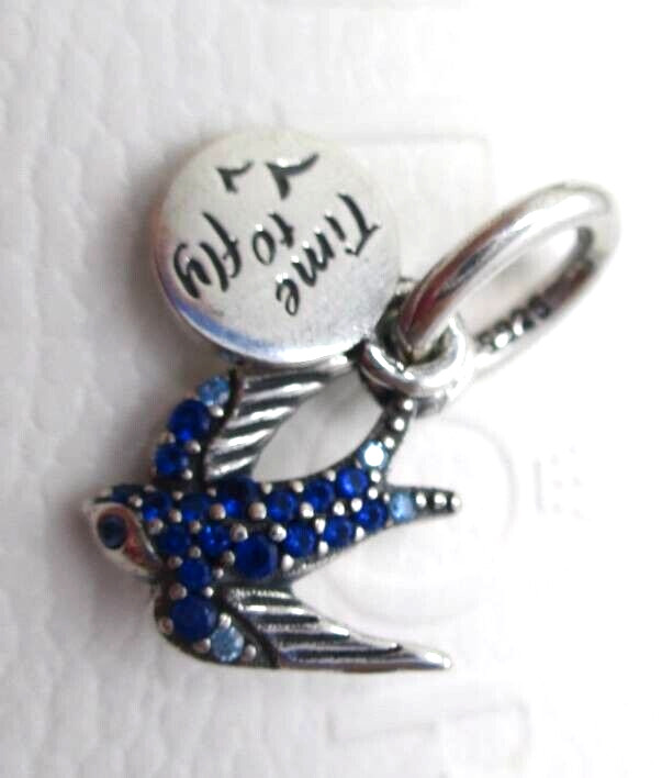New Pandora Blue Sparkling Swallow & Quote Double Dangle Charm Bead w/pouch
