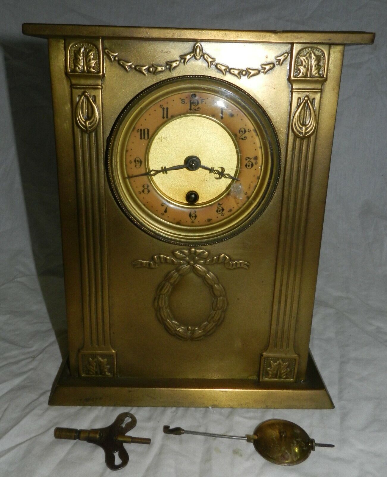 Brass Mantle Clock with Key + Pendulum - marked: REX 90