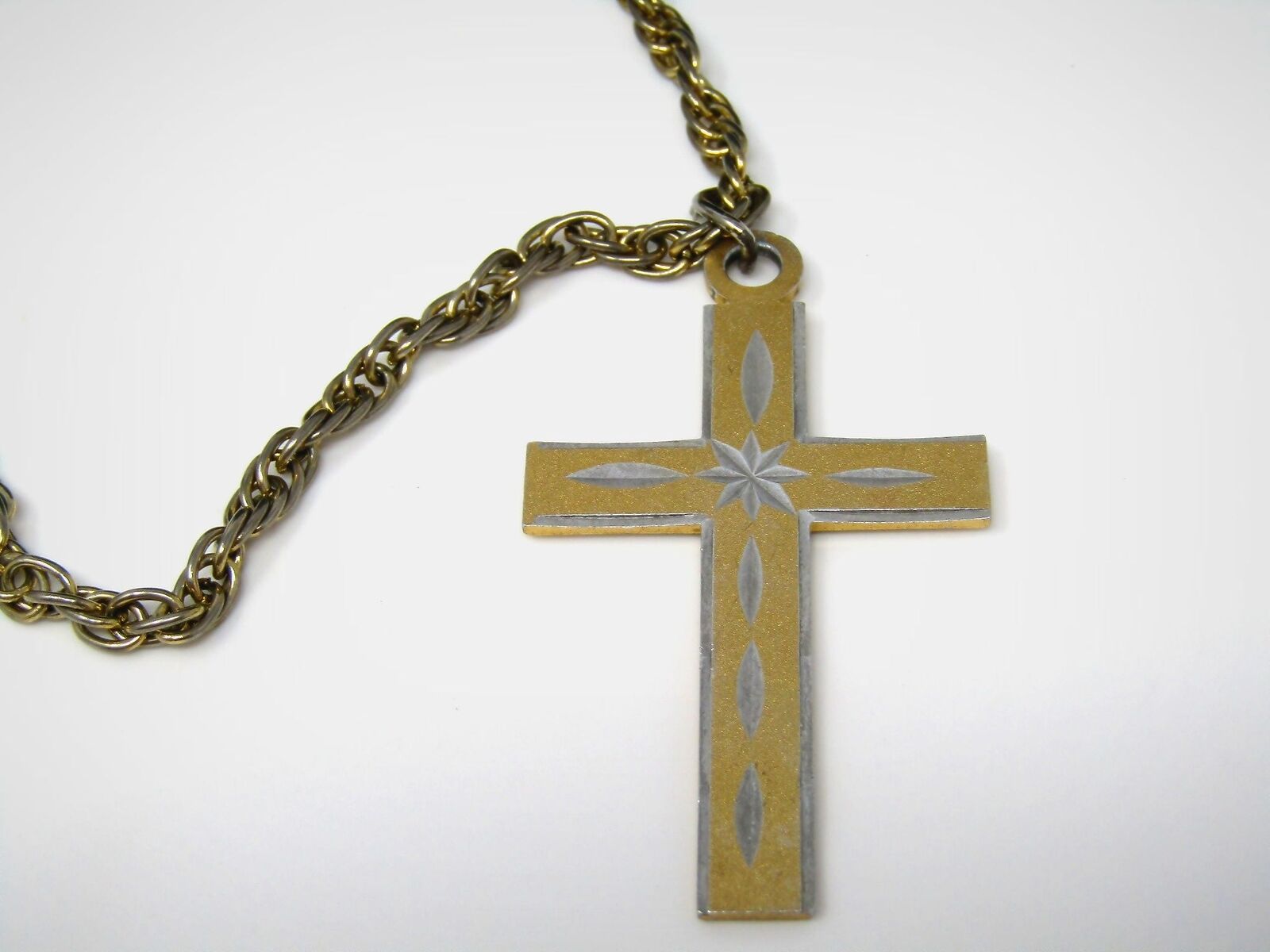 Vintage Christian Cross Pendant Necklace: Gold Tone Silver Star Center Etch