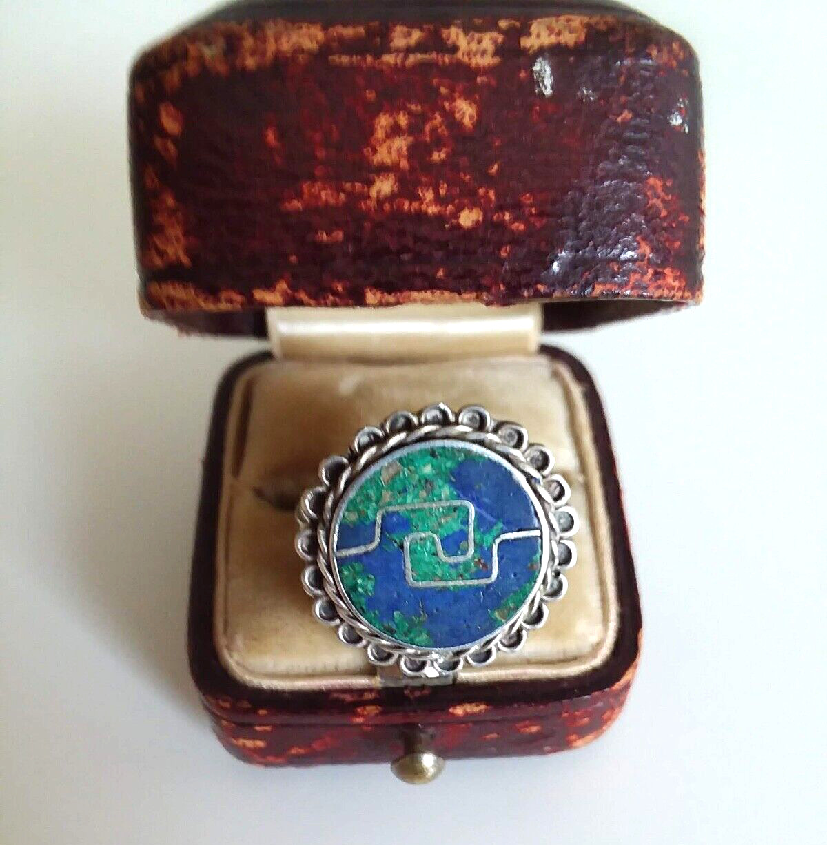 Old Pawn Round Silver Turquoise Inlay Ring