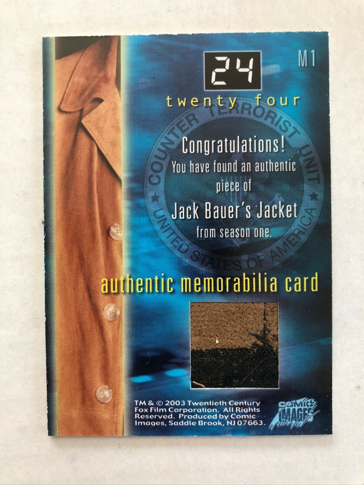 24 TWENTY FOUR JACK BAUER'S JACKET MEMORABILIA CARD COMIC IMAGES M1 2003
