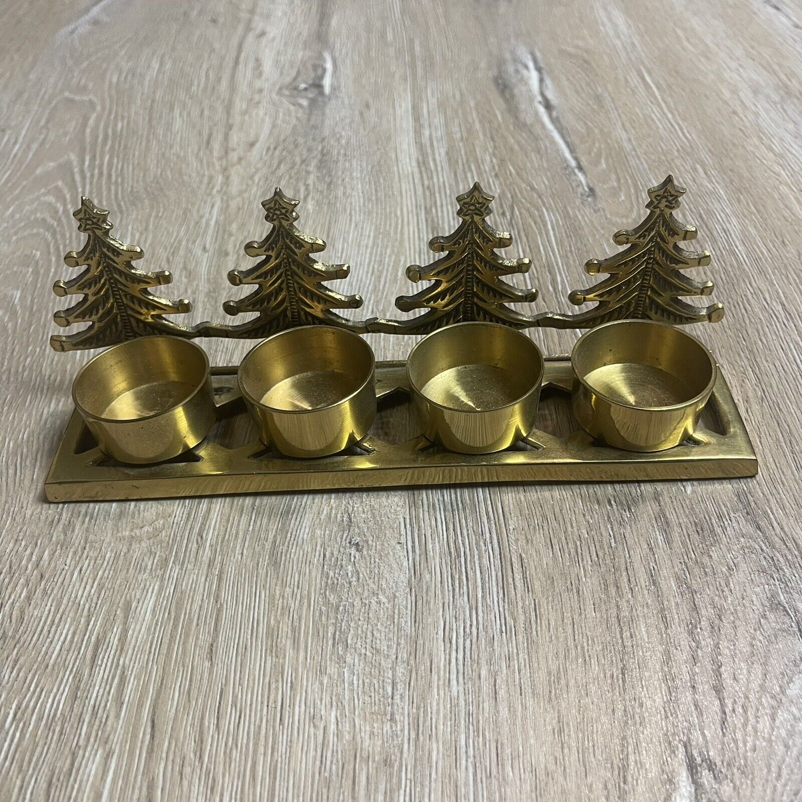 Vinage Brass Four Candle Tealight Holder Metal Christmas Tree Stand Holiday
