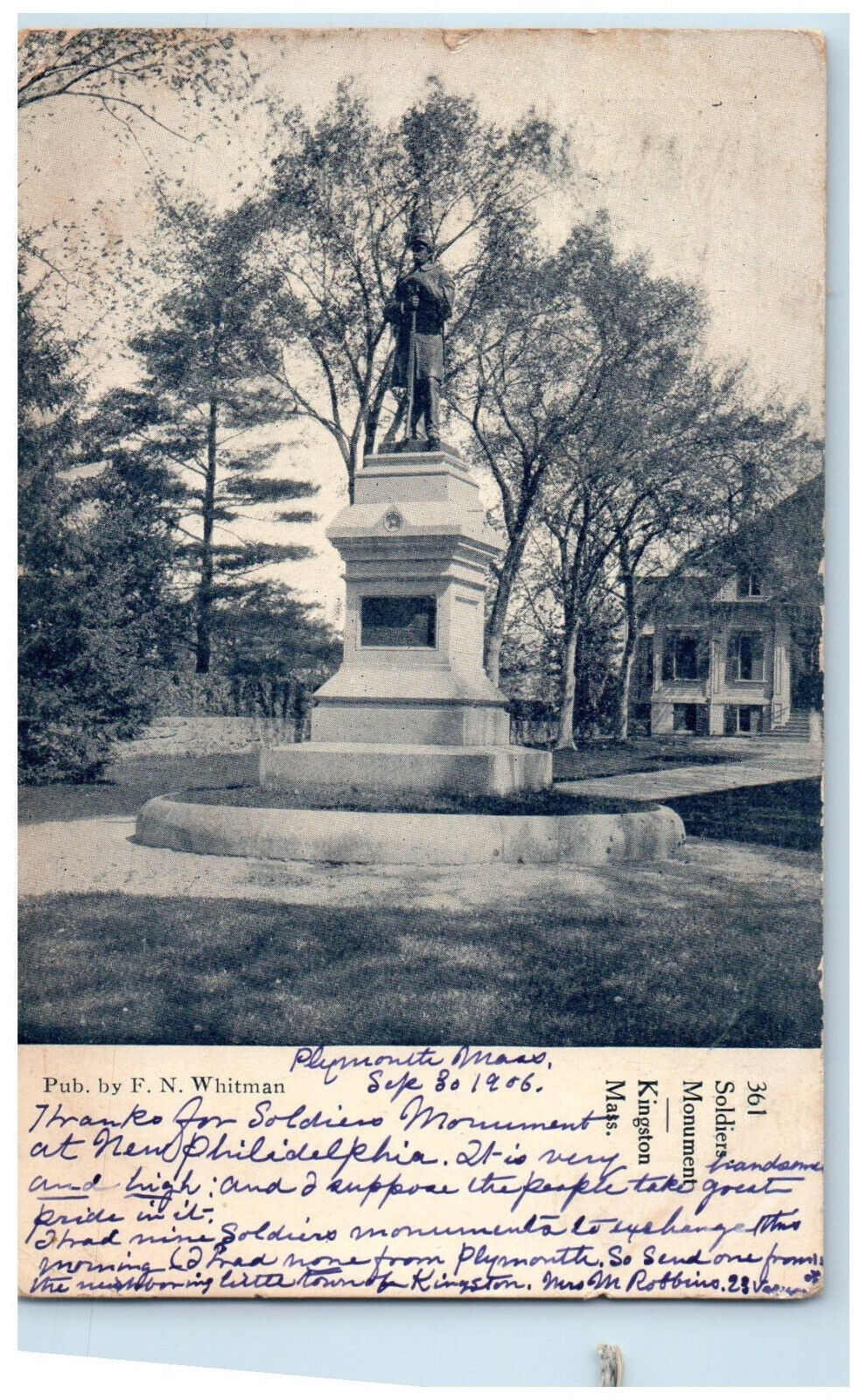 1906 Soldier\'s Monument Kingston Massachusetts MA Posted Antique Postcard