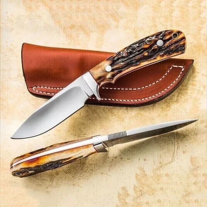 Custom handmade D2 steel Skinner knife with leather sheath ,Stag horn handle US