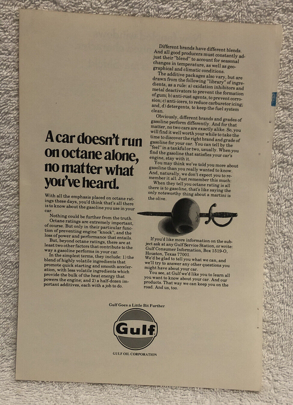 Vintage 1974 Gulf Oil Original Print Ad - Full Page - Doesn’t Run On Octane