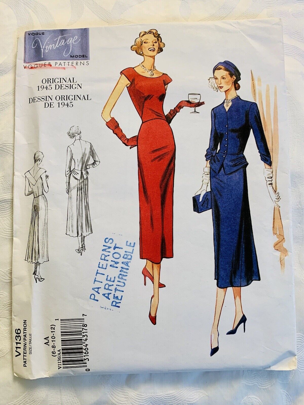 Vintage UNCUT Vogue Sewing Pattern V1136 RETRO 1940's Peplum Jacket Dress