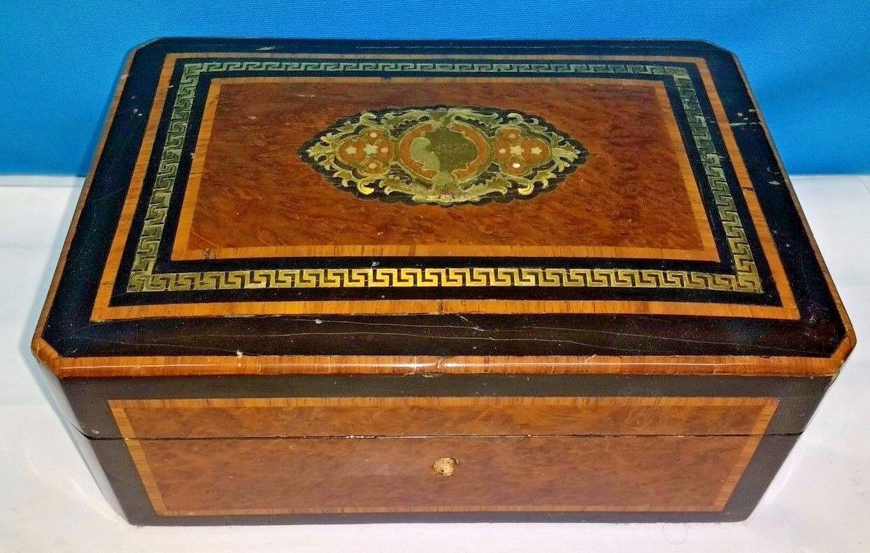 Antique European inlay Wooden Handmade Jewelry Box - With lock & Key