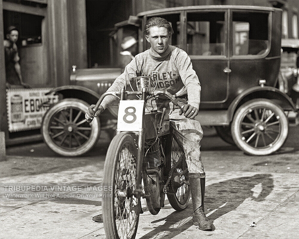 Vintage 1922 Fred “Freddy” Fretwell Photo - Trophy & Harley-Davidson Motorcycle