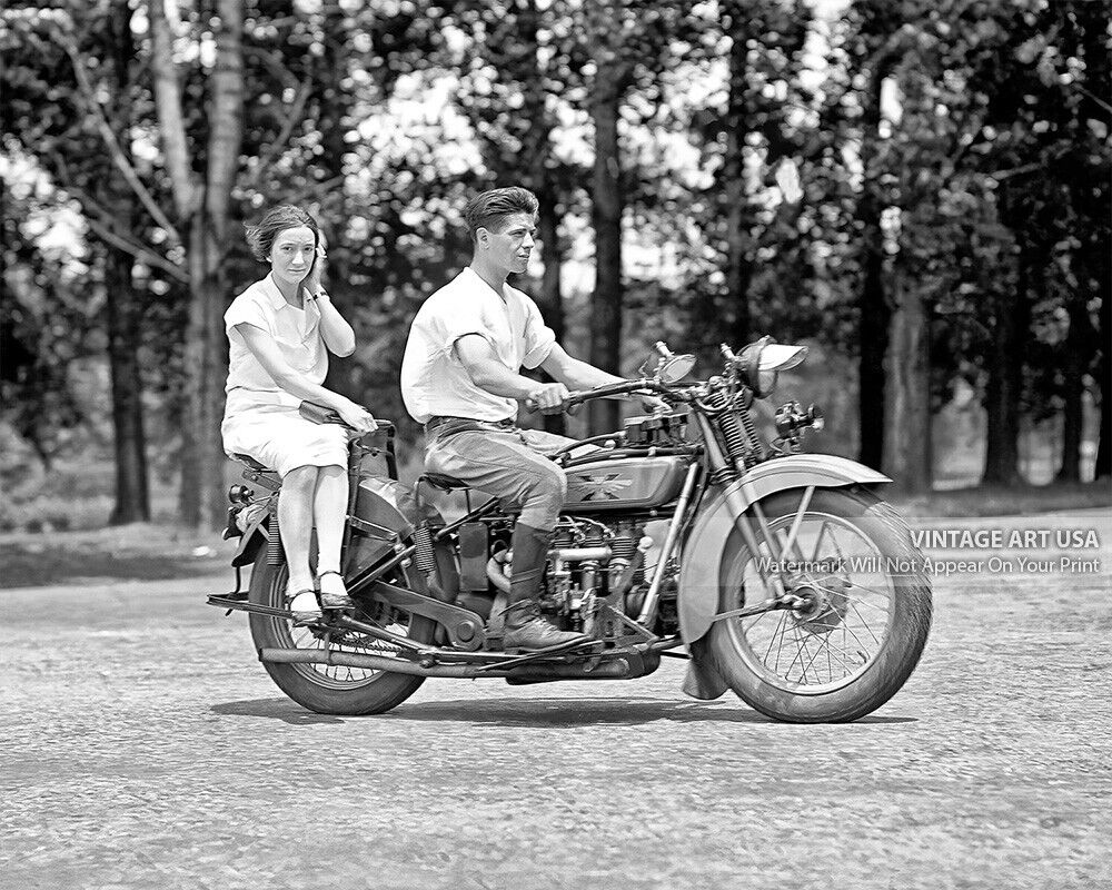 Young Man Driving Henderson Motorcycle with Woman Riding Side Saddle 1929 Photo