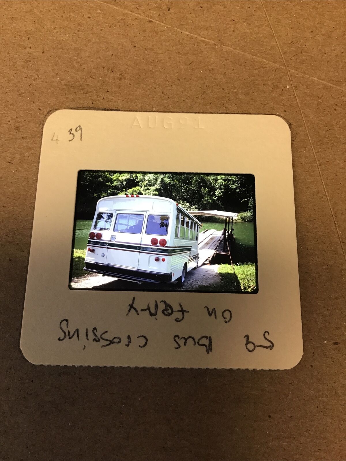 Original 35mm SLIDE  - 1991 BELIZE  Bus On Ferry Crossing River  MM3.#2.39