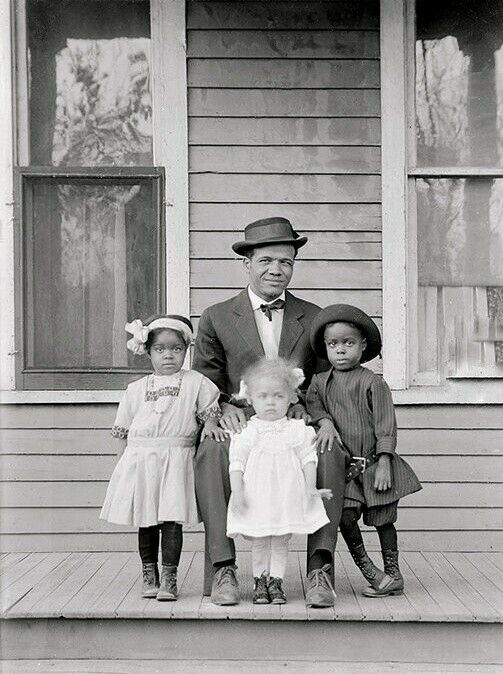 Vintage Old Photo Reprint of African American Family Man Biracial Little Girls 