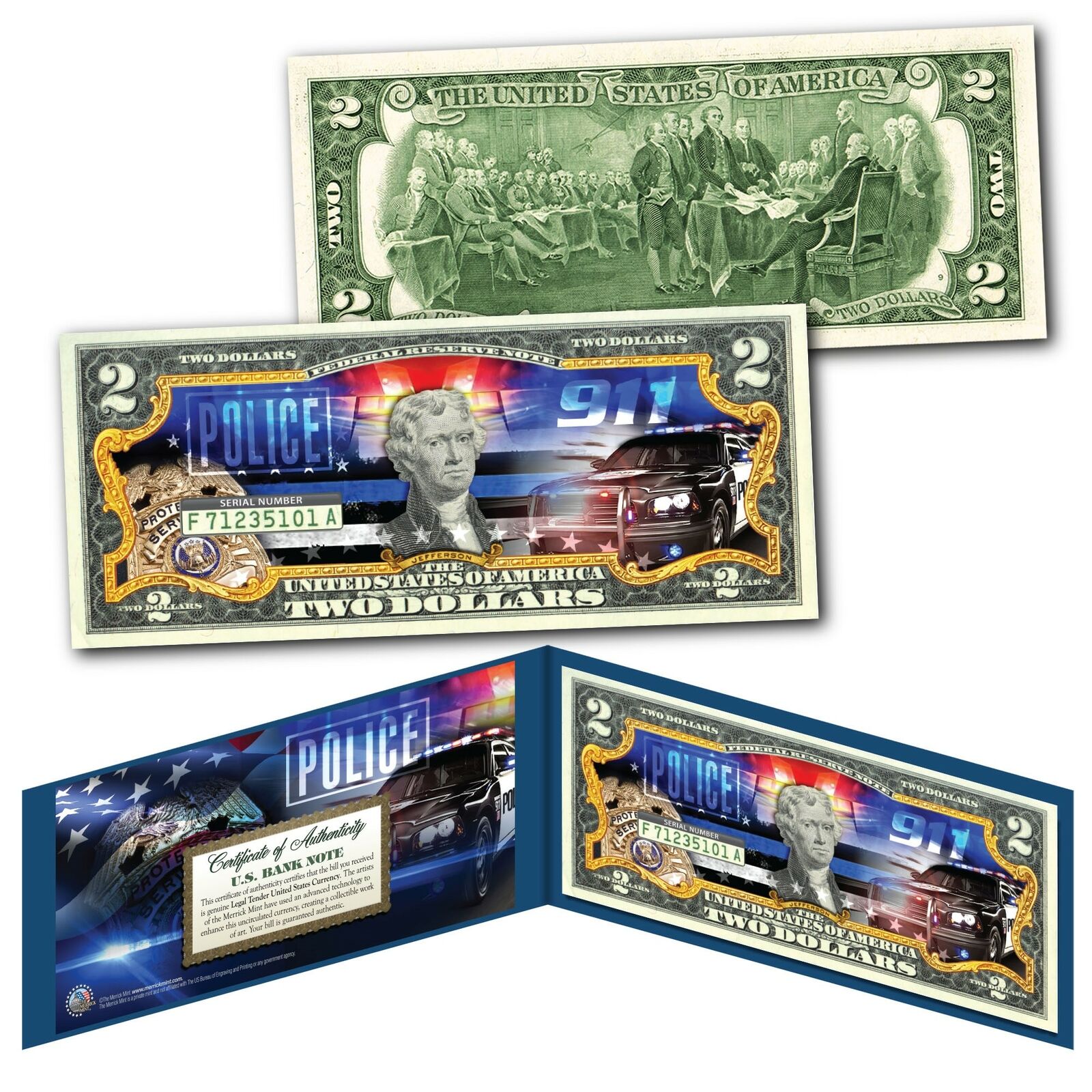 POLICE DEPARTMENT 911 Emergency Response Agency Genuine US $2 Bill - The Finest