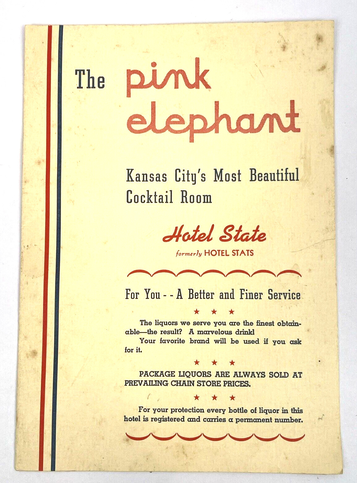 Vintage Hotel State Stats Kansas City The Pink Elephant Bar Menu 1940\'s Ephemera