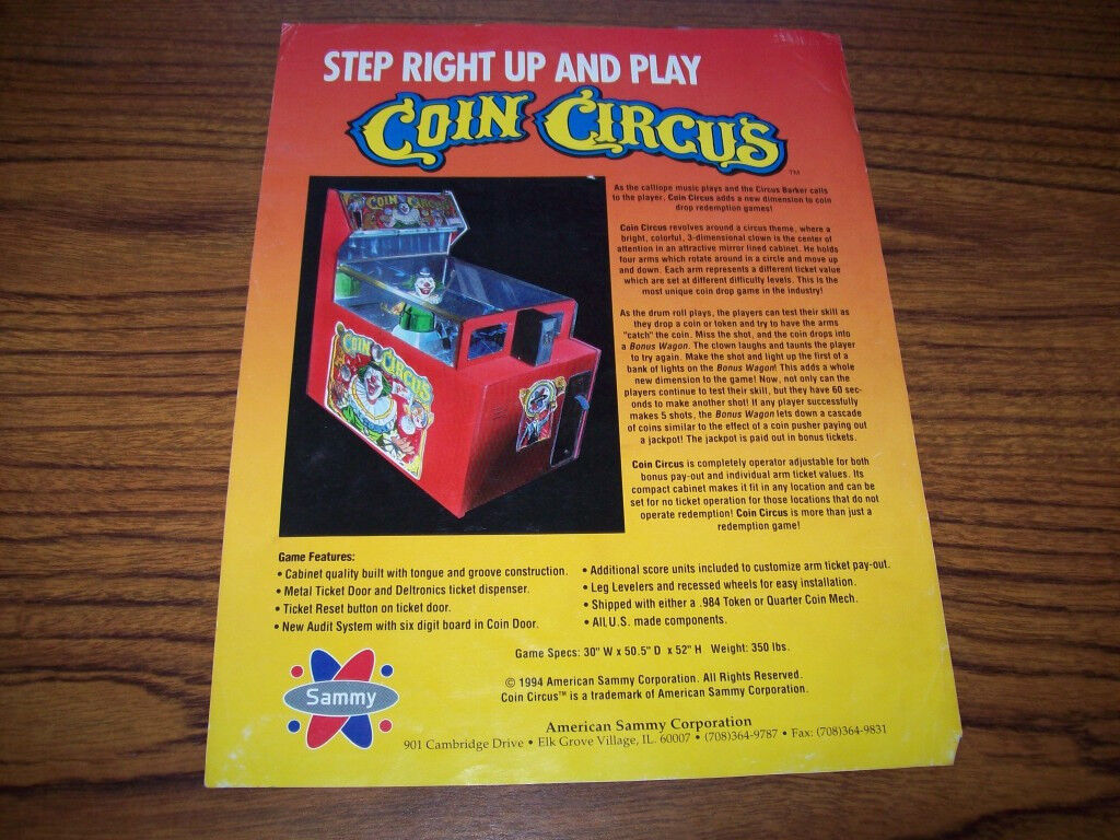 Coin Circus Arcade Flyer Sammy 1994 Vintage Original Artwork Sheet 8.5\