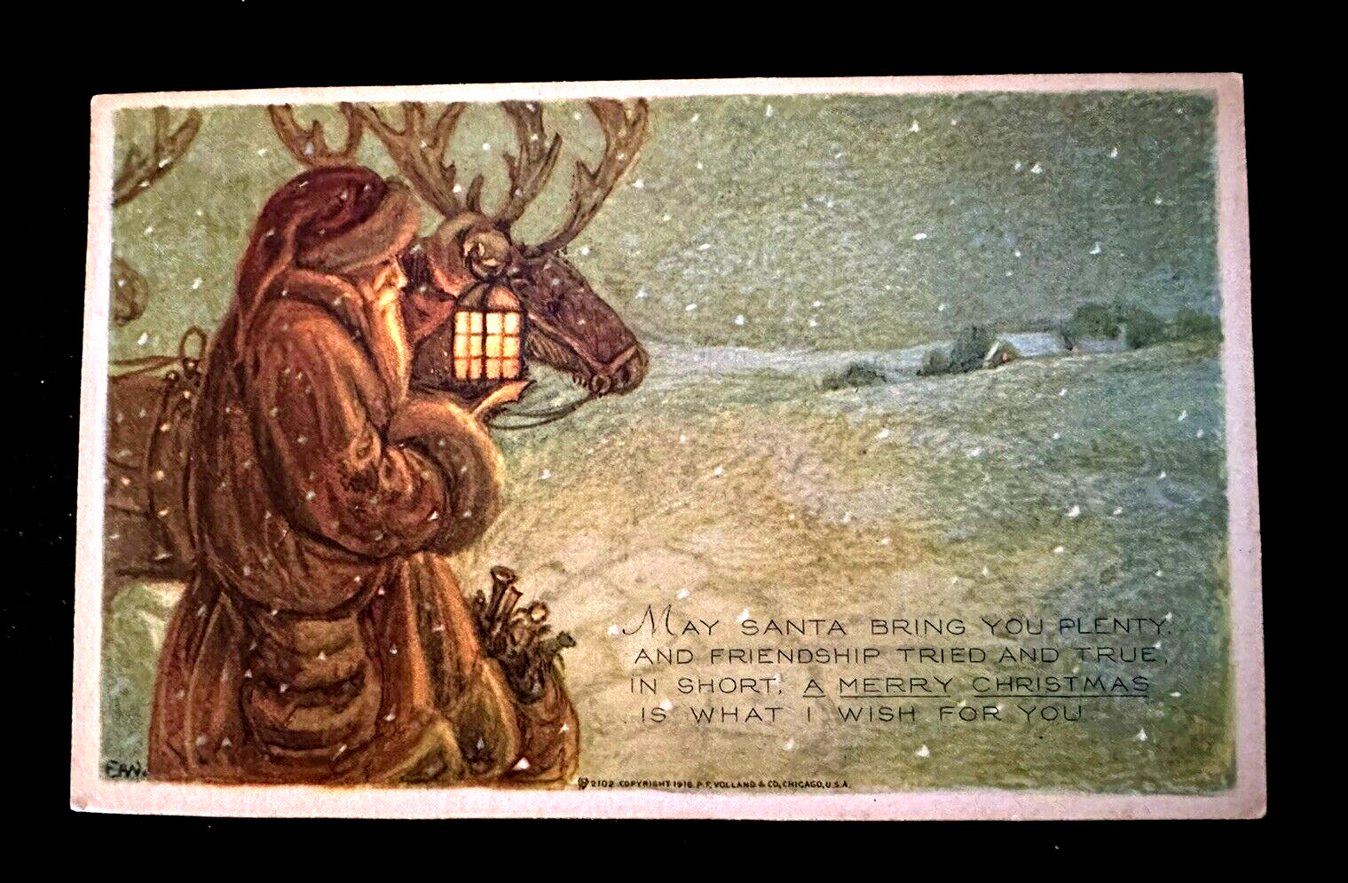 Rare~VOLLAND ~Arts & Crafts~Brown Robe SANTA CLAUS~Deer~Scene A/s 1916 Postcard