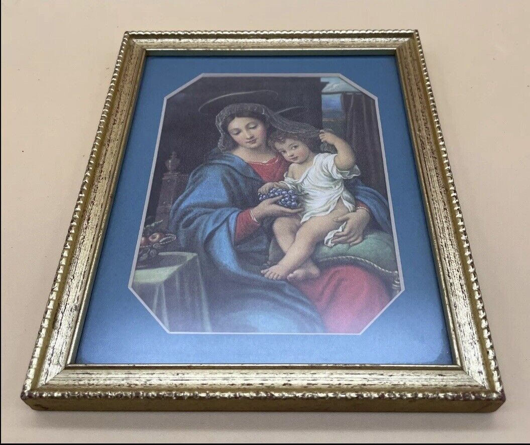 VTG Fabric Print Madonna Of The Grapes with Baby Jesus-Pierre Mignard-Gilt Frame