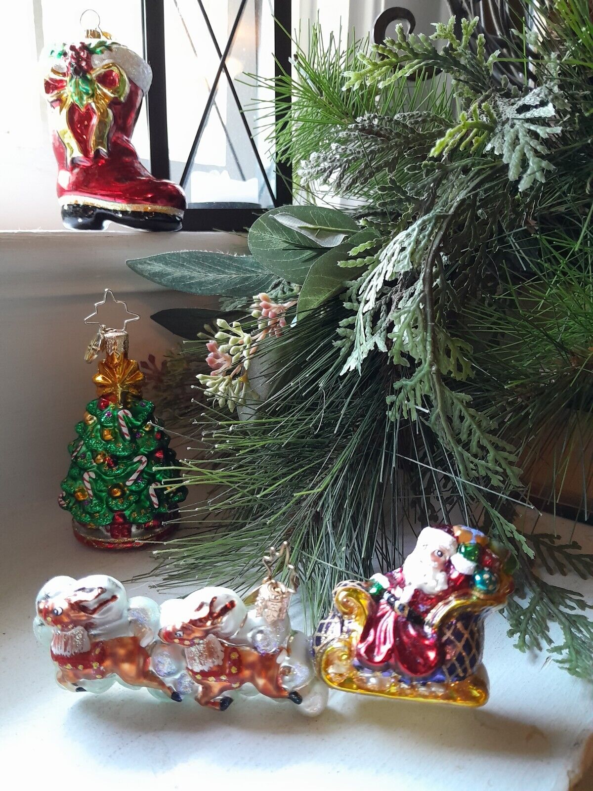 Set of 3 Christopher Radko Christmas Ornaments, Santa And Sleigh, Boot and Tree
