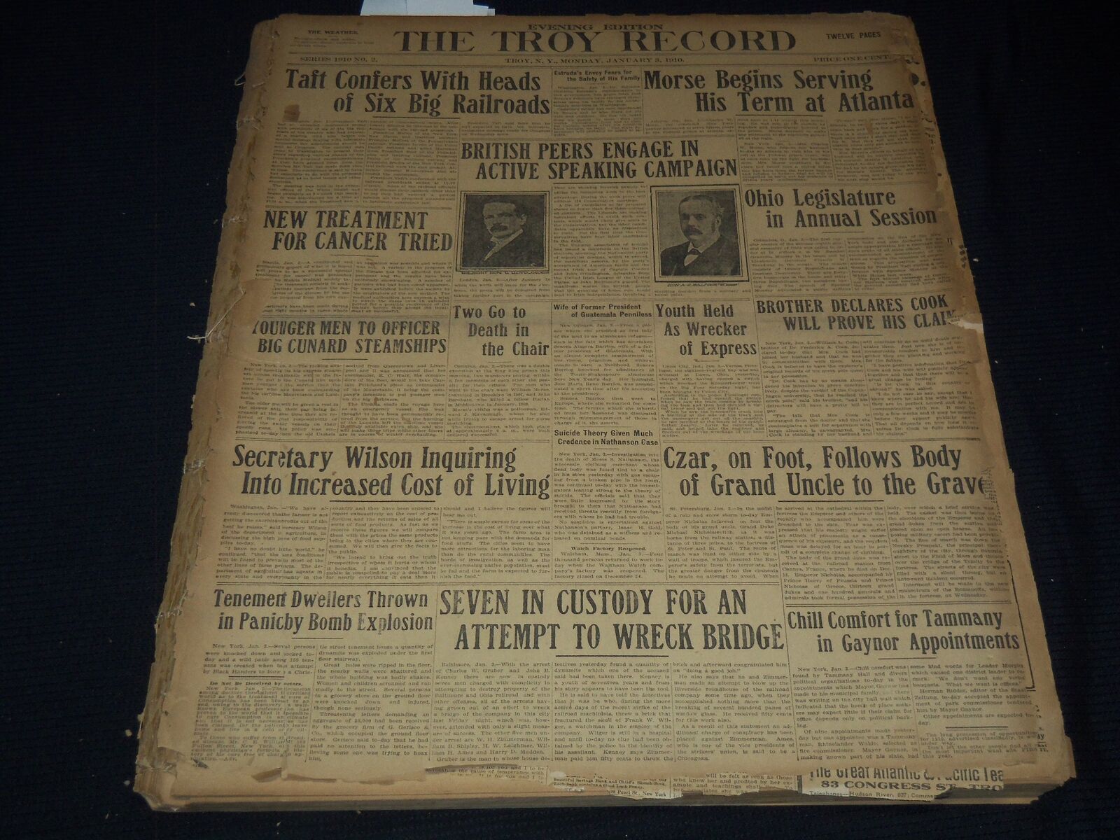 1910 JANUARY 3-31 THE TROY RECORD NEWSPAPER BOUND VOLUME - NEW YORK - NTL 16T