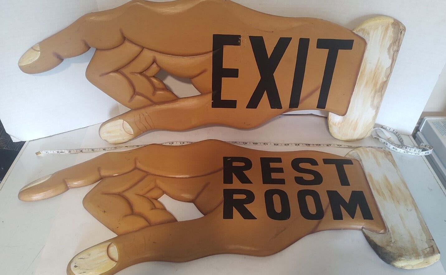 Vintage Handmade Folk Art Exit And Restroom Signs Pointing Fingers
