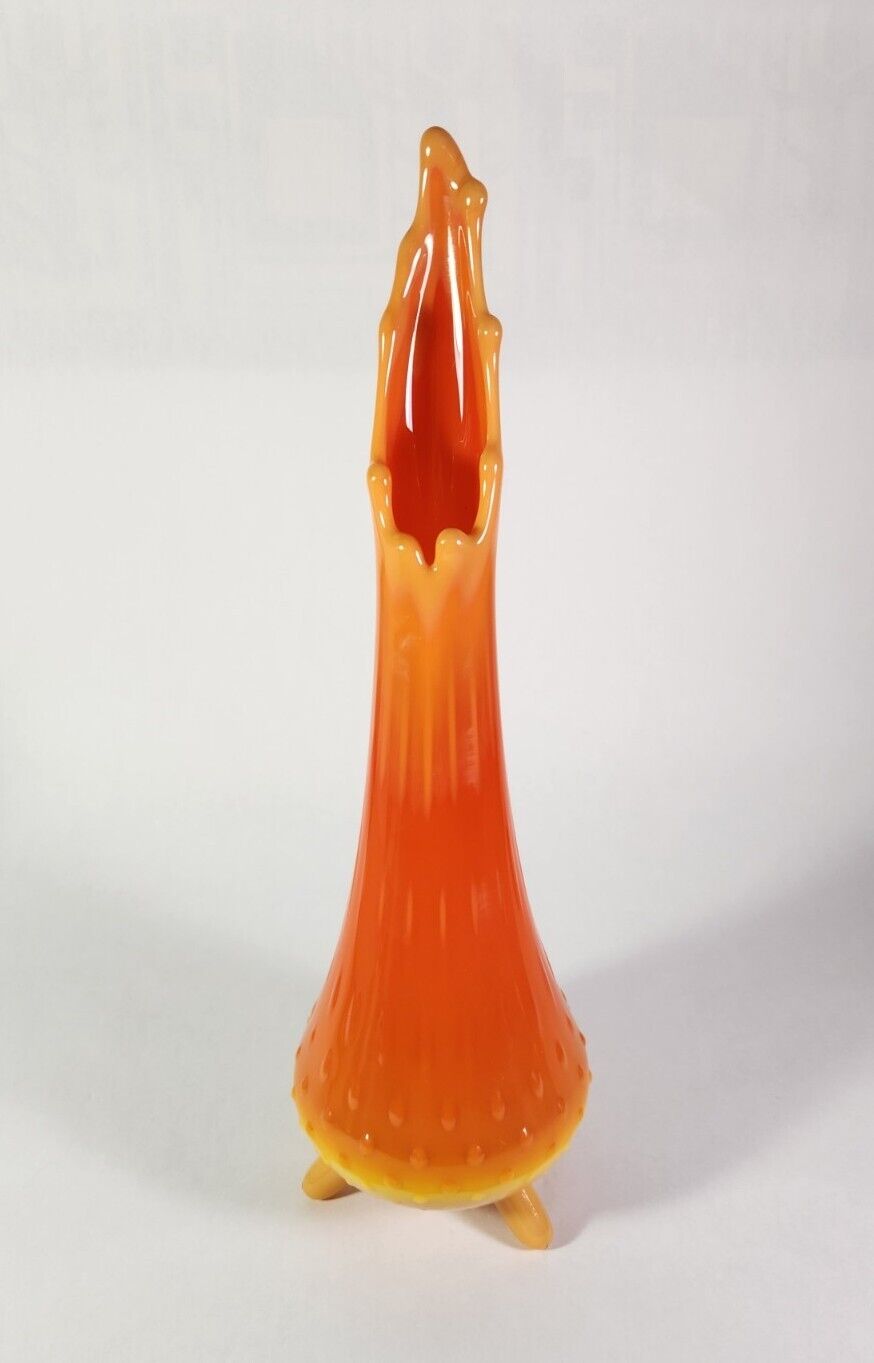 Vintage LE Smith Bittersweet 13” MCM Orange 3-Toe Swung Glass Vase Three Flower