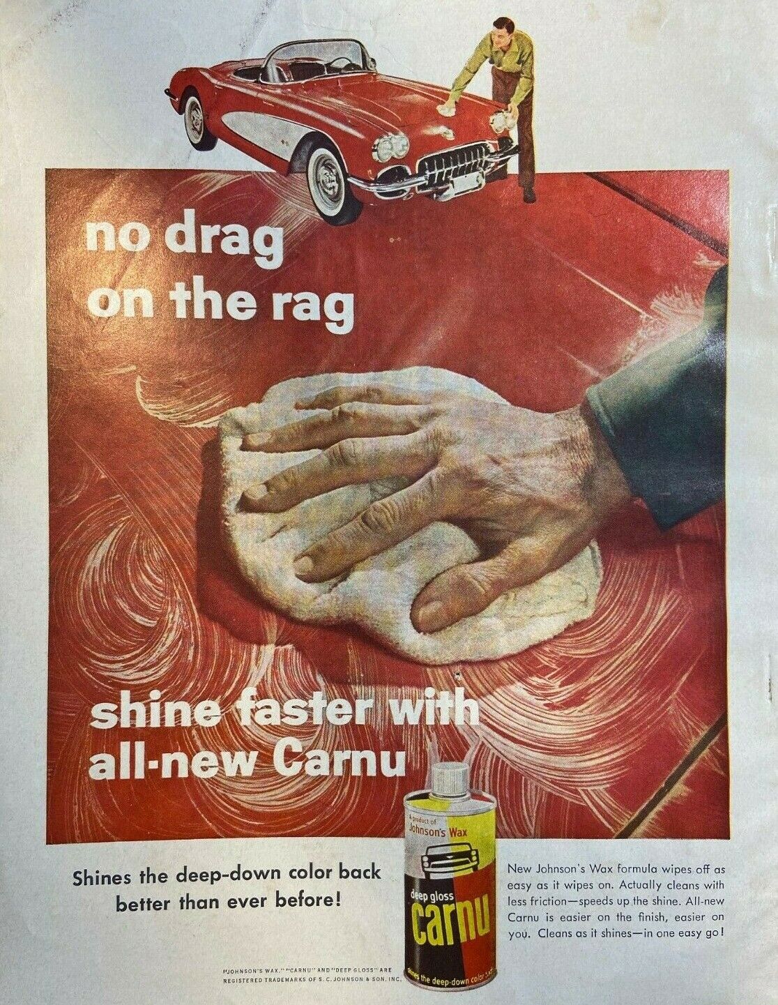 1958 Advertisement Johnson\'s Carnu Wax Chevrolet Corvette