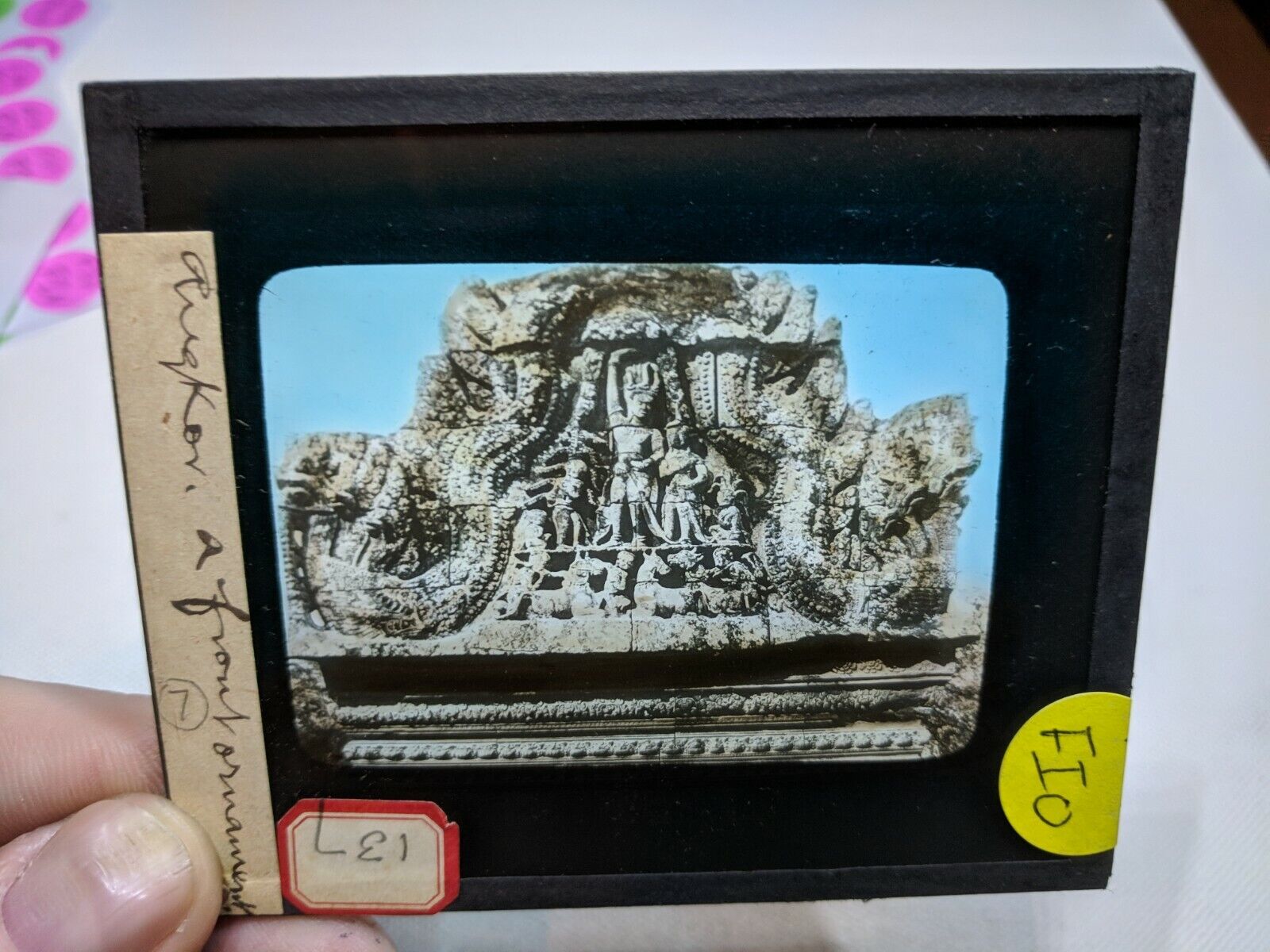 Colored Glass Magic Lantern Slide FIO Angkor Wat  FRONT ORNAMENT DECORATION MODE