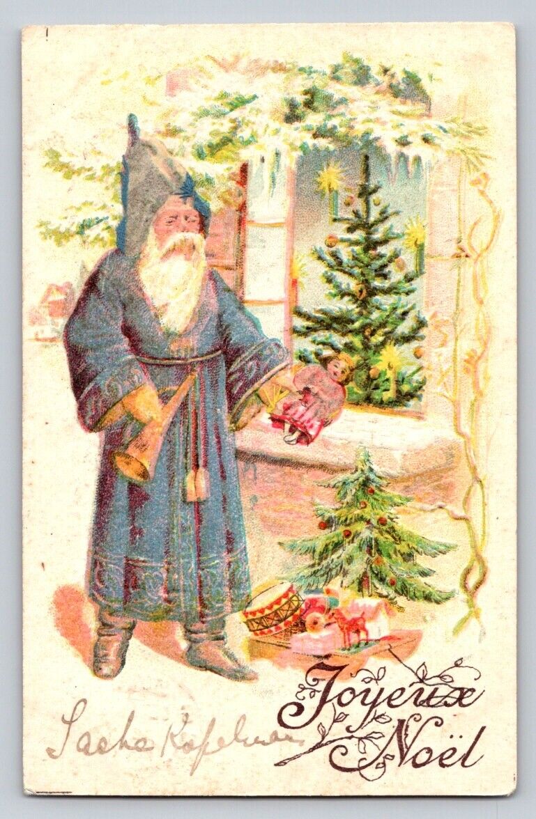 c1905 Blue Santa Claus  Toys Tree Trumpet Christmas  P209