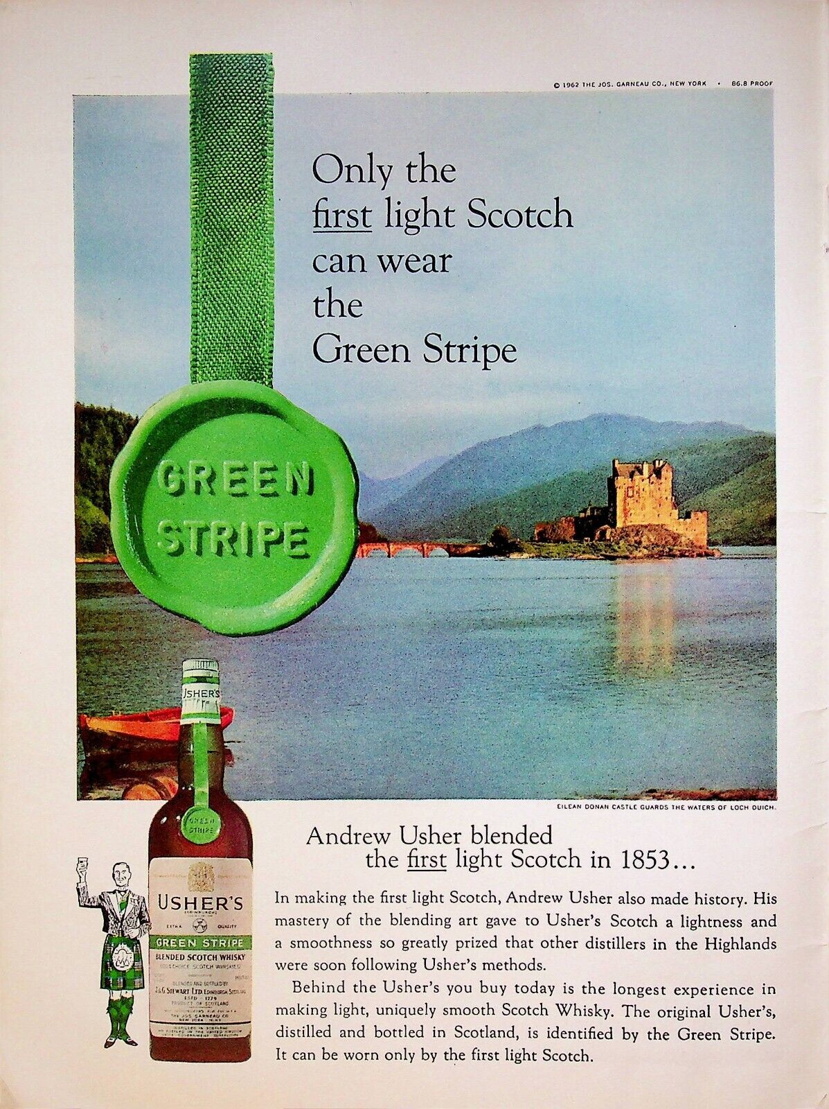 1963 Usher's Green Stripe Scotch Whisky Vintage Print Ad Eilean Donan Castle