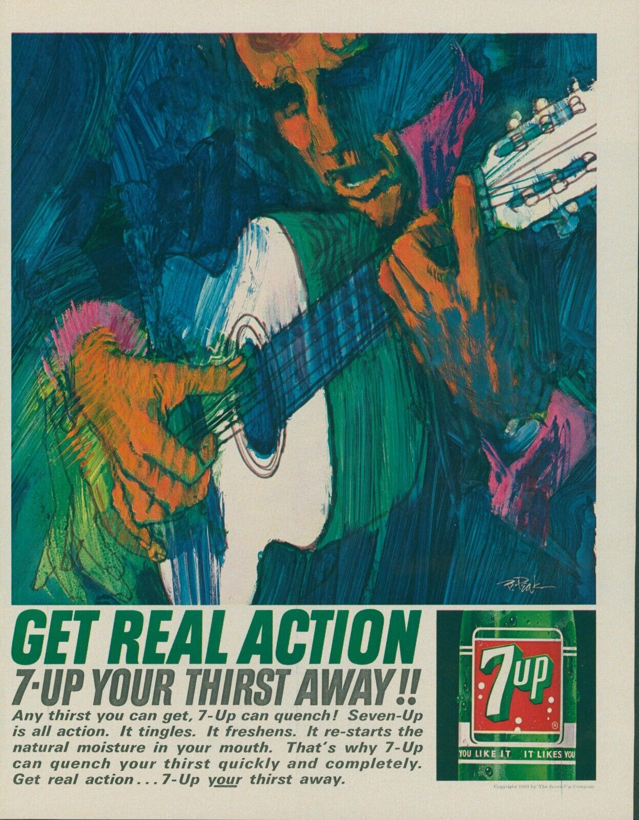 1964 7 Up Man Playing Guitar Bob Peak Artist Real Action Vintage Print Ad LO4
