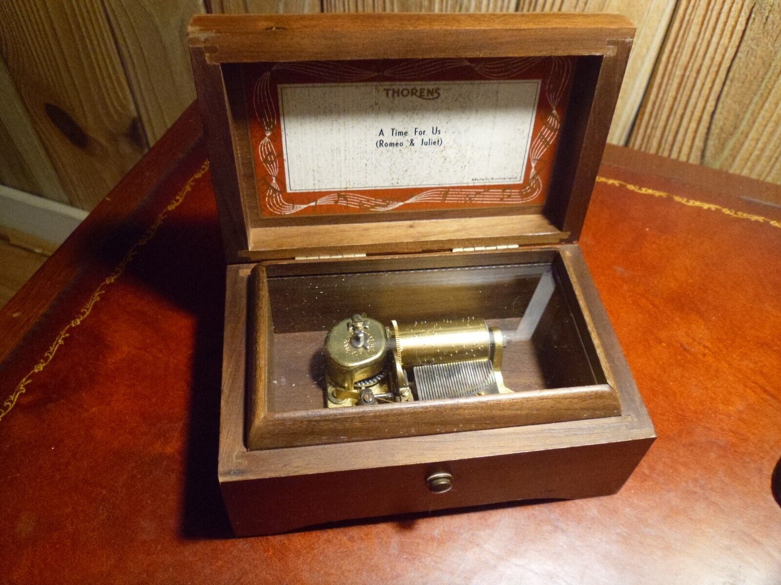 Antique solid walnut thorens Swiss mechanical music box theme Romeo and Juliet