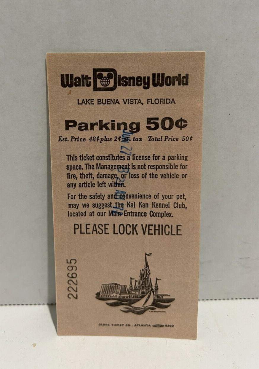 Walt Disney World Florida 50 Cent Parking Ticket Pass 1972 EX Rare