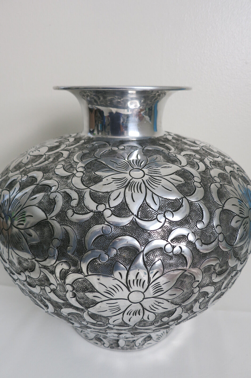 Hammered Metal Floral Motif Vase Large 16Wx14.5H