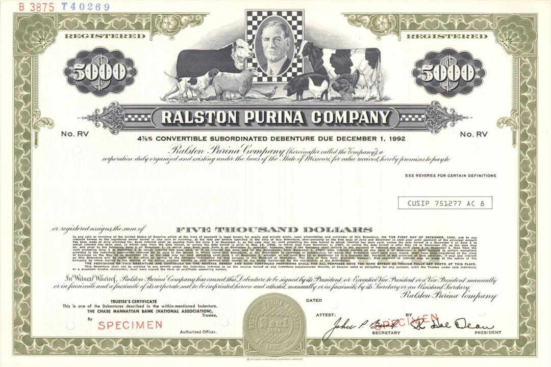 Ralston Purina Co. - 1894 $5,000 Specimen Bond - Specimen Stocks & Bonds