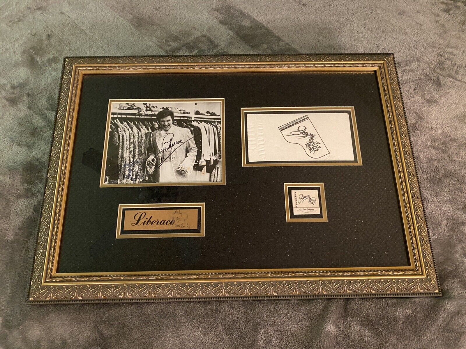 Liberace autograph (2xs?) with Tropicana Vegas Show Memorabilia framed