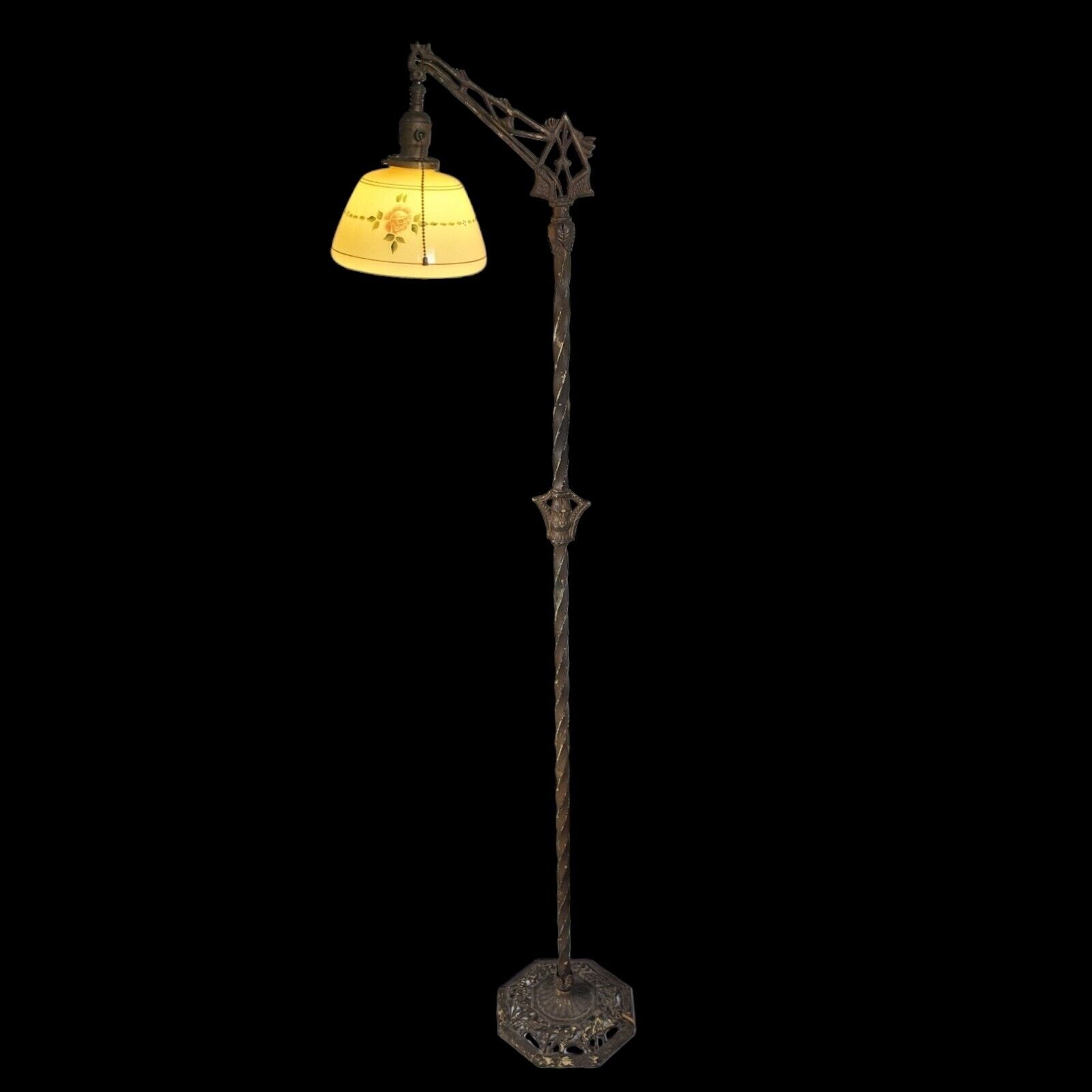 Antique VTG G.E. Co. Art Deco Nouveau Bronze Iron Bridge Floor Lamp Glass Shade