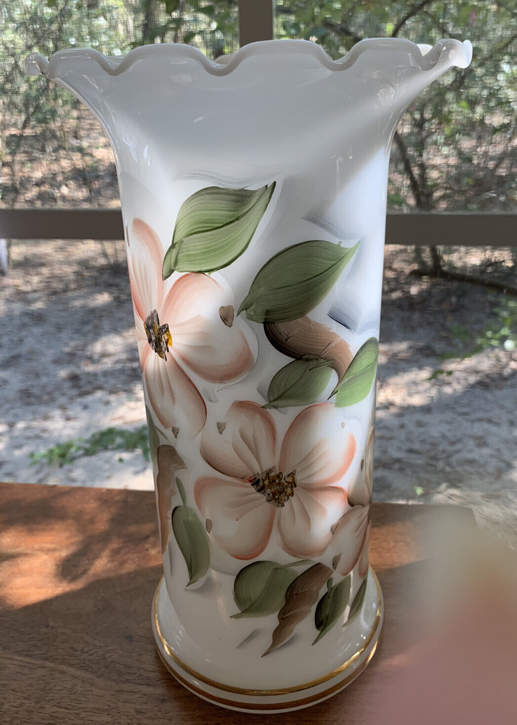 Lovely Victorian Hand Painted White Milk Glass Vase 11” Cylindrical w/Flared Rim