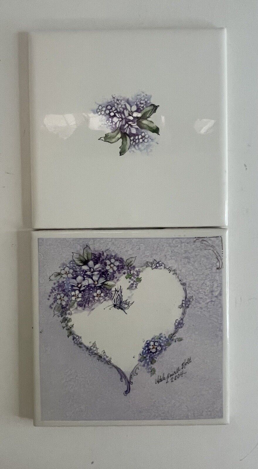 2 Original Hand painted Porcelain Tiles, Purple Flowers And Heart. Adele Holt