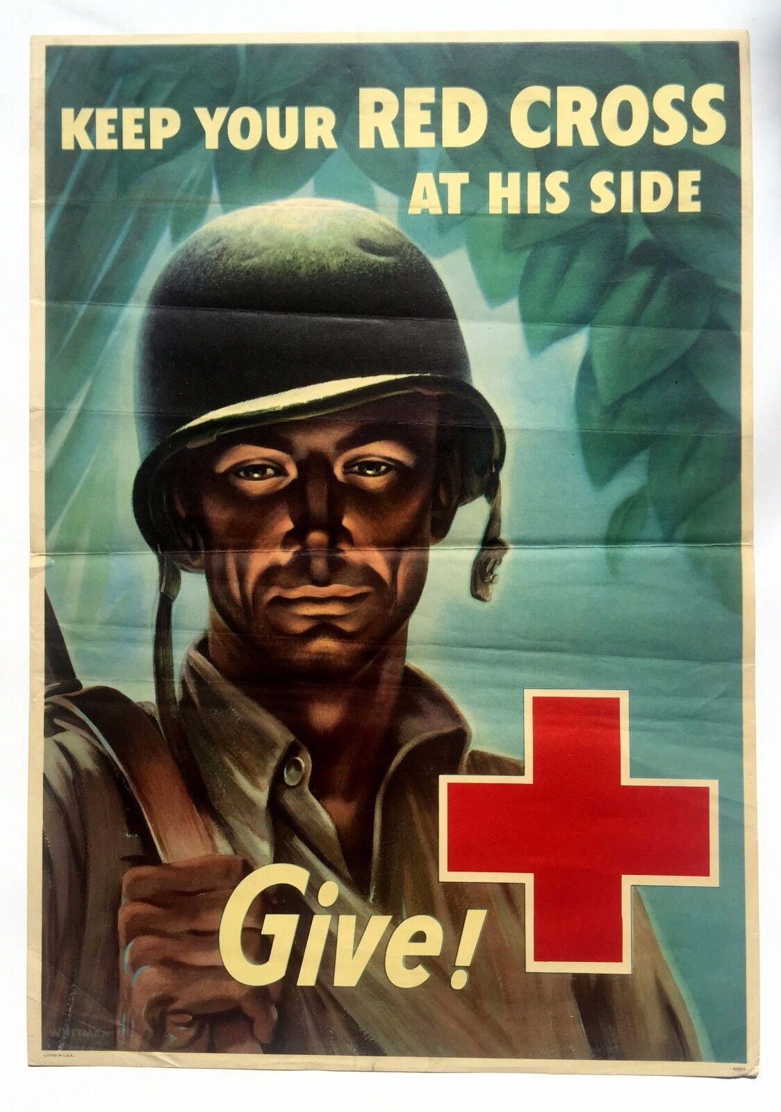 Vintage WWII Keep Your Red Cross At His Side Give Poster w/ Soldier w/ Helmut
